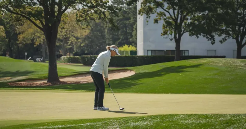 A photo of a person playing golf. The person is standing on a green field, holding a golf club and looking down at the ground. The background contains trees and a white building. The lighting is bright.